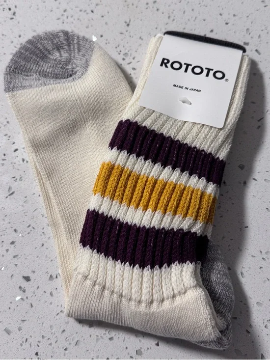RoToTo Retro Coarse Ribbed Old School Crew Socks in Gold & Bourdeaux NWT - Picture 2 of 12